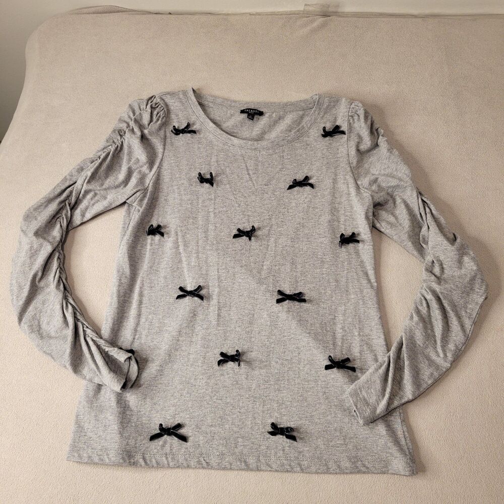 Talbots Top Lage Gray Long Sleeve Round Neck Bow Pullover Shirt Petite small